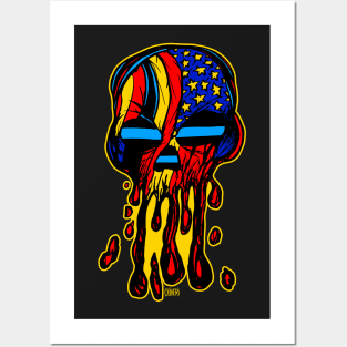 Patriotic Blue Line USA Flag Skull Posters and Art